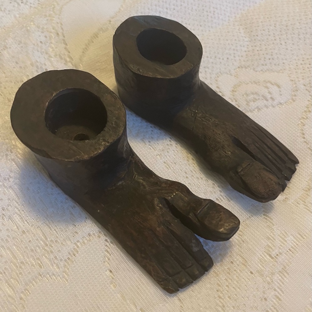 1960-70s Hand-carved Wood Feet Big Toes Raised Candleholders Vintage Mid-century